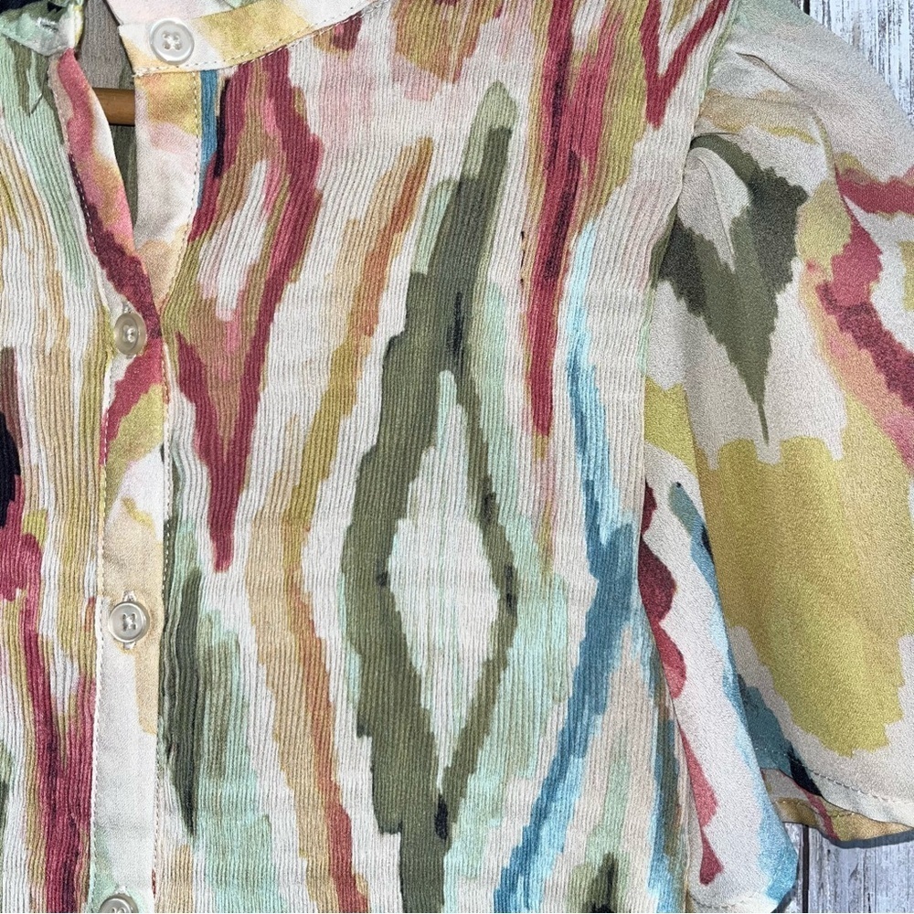 Spense Smocked Abstract Pint Print Button Front Blouse - Picture 3 of 5